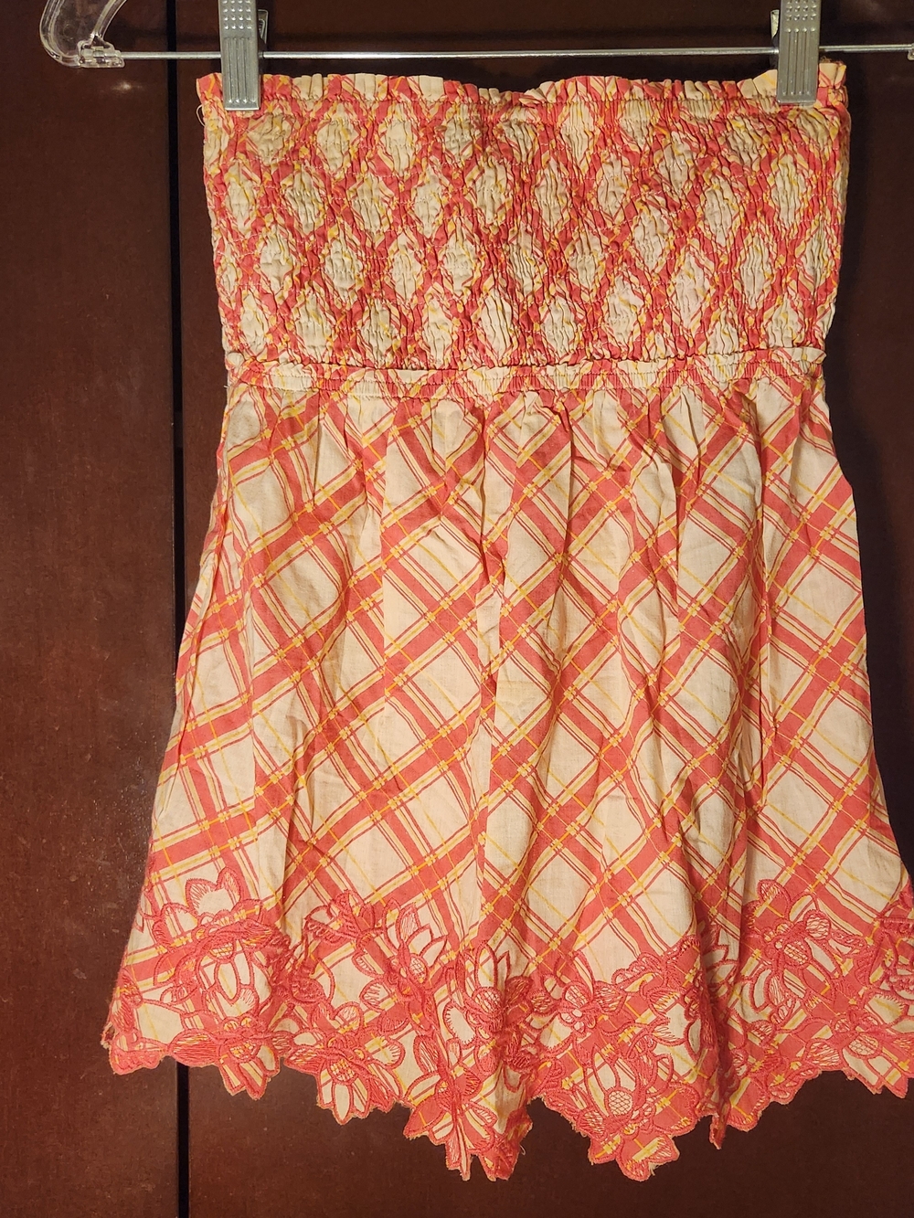 Poof Excellence Coral and Cream Plaid Strapless Dress with Lace Trim